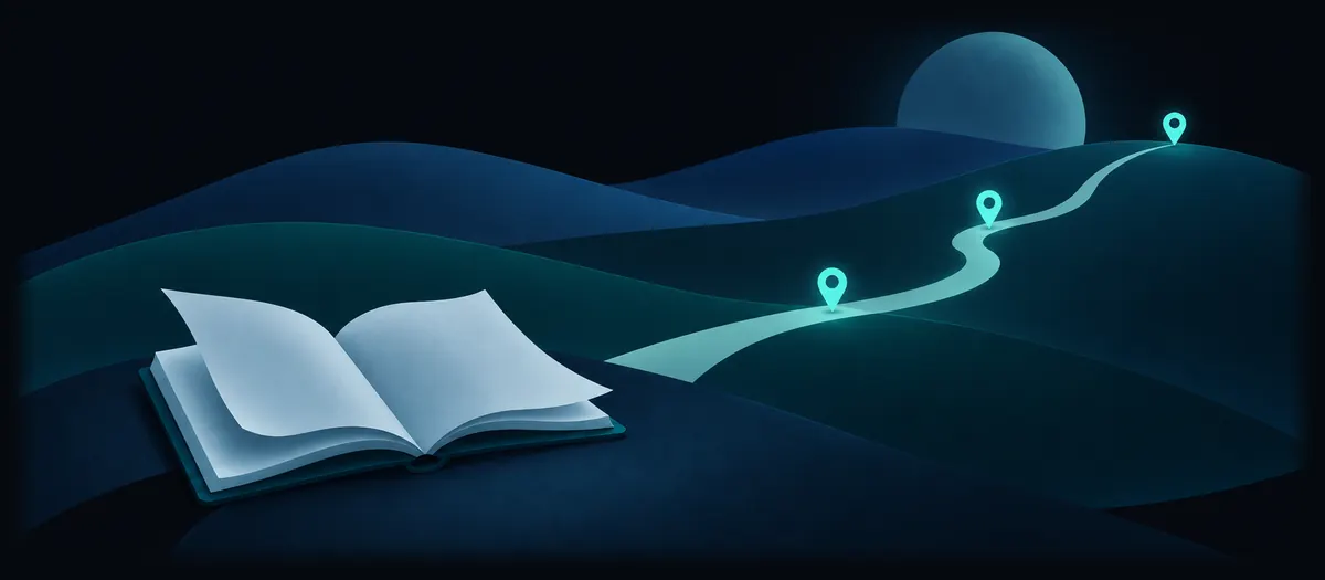 An open notebook with blank pages lifting in the breeze at the start of the path.