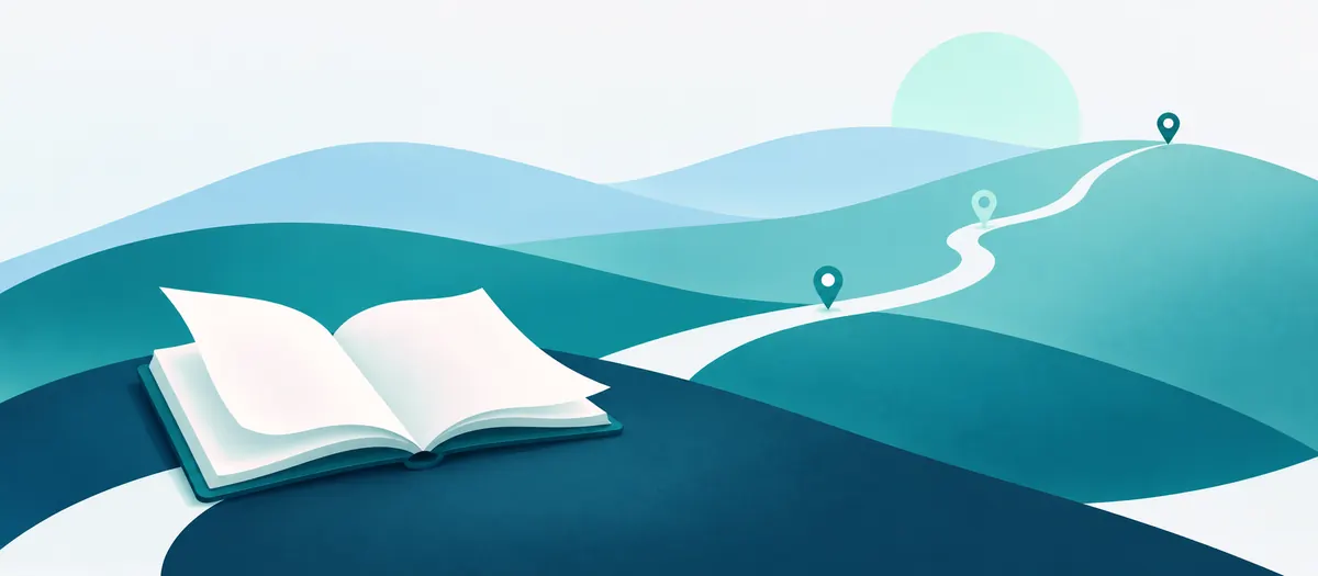 An open notebook with blank pages lifting in the breeze at the start of the path.